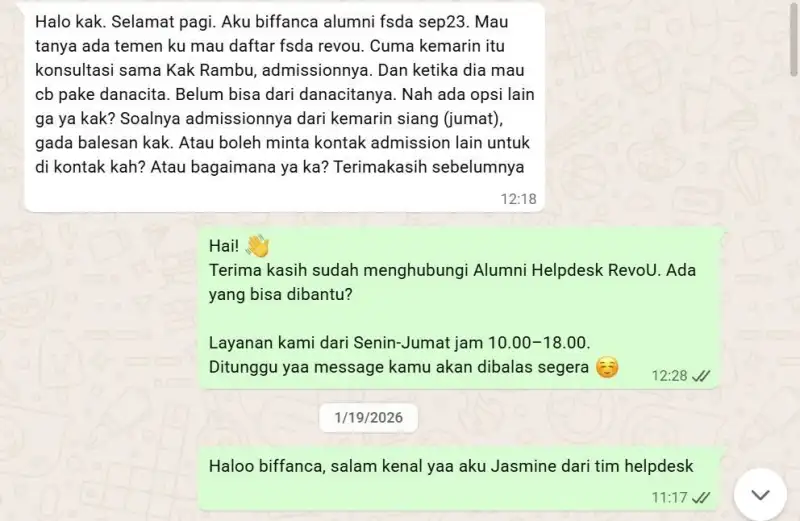 WhatsApp conversation with RevoU Alumni Helpdesk 1